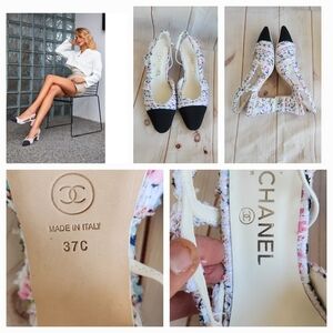 CHANEL Tweed Slingback Pumps Heels‎ White Grosgrain Black Cap Toe